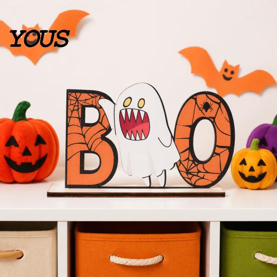 Hand Painted Halloween Decor Wooden Table Sign, Cute Pumpkin Boo Ghost Solid Wood Sign Tabletop Centerpiece for Indoor Mantel Fireplace Home Festive