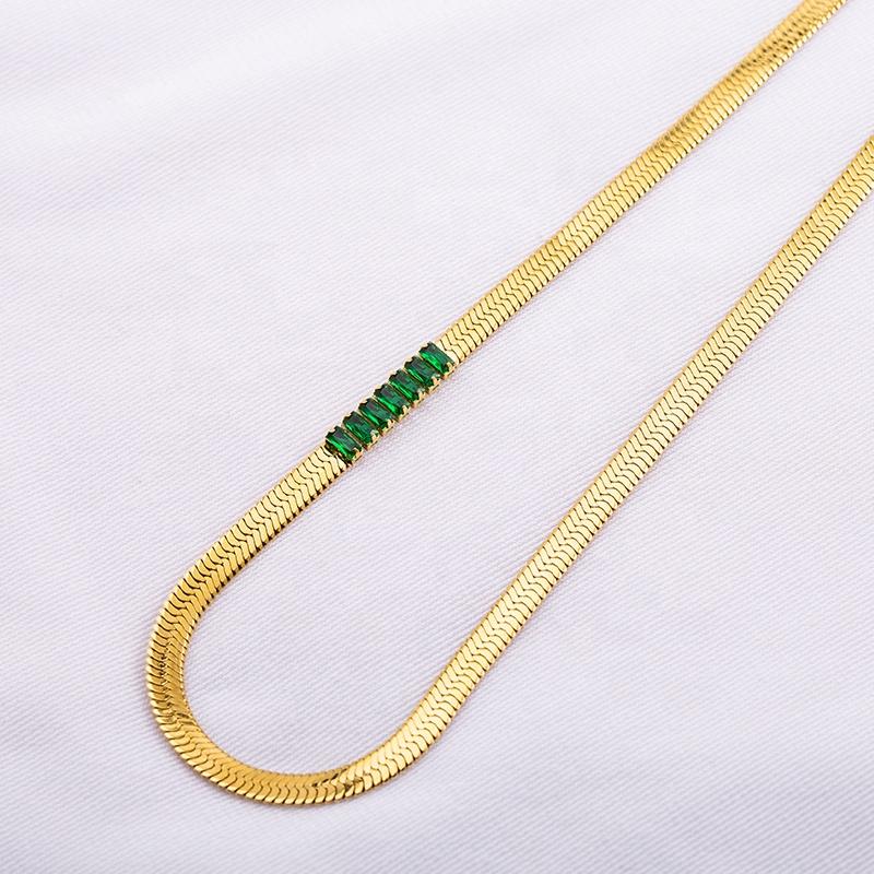 Popular Temperament Sweater Chain Boy Girl Stainless Steel Gold Green Zircon Necklaces for Daily