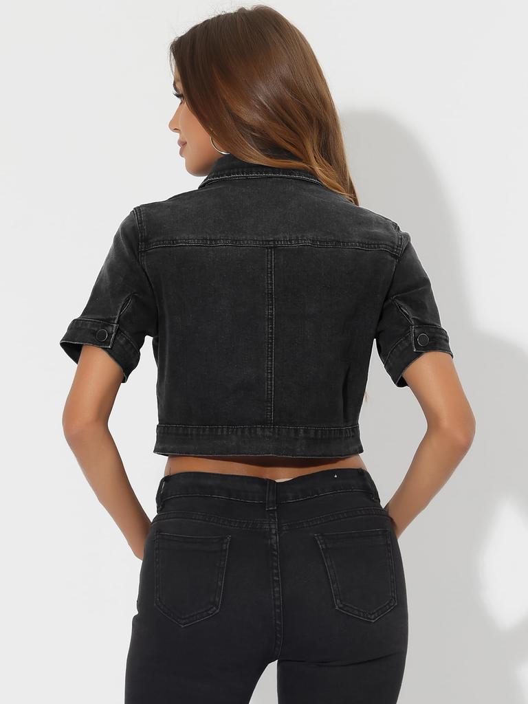 Allegra K Short Sleeve Denim Crop Size XL Women's Jacket, Casual, Black,
