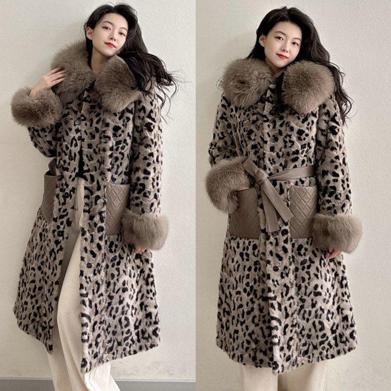 Autumn and Winter Leopard Print Imitation Leather Thickened Imitation Mink Coat Imitation Fox Fur Collar Cotton Clothes Women's Hooded Fur Coat