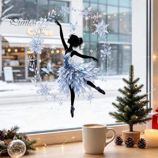 Living Room Glass Decor Christmas Ballet Girl Static Window Clings, Removable Xmas Decals, Winter Indoor Outdoor Art Ballerina Elf Stickers