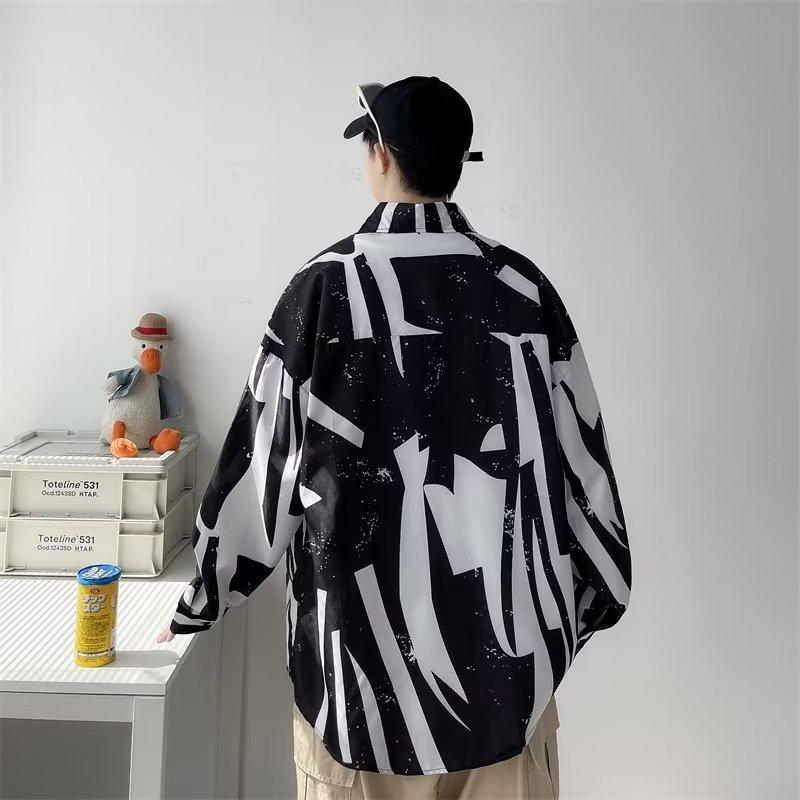 Autumn Retro Buckle New Chinese Style Stand Collar Shirt Men's Niche Graffiti Printing Design Sense Ruan Handsome Top