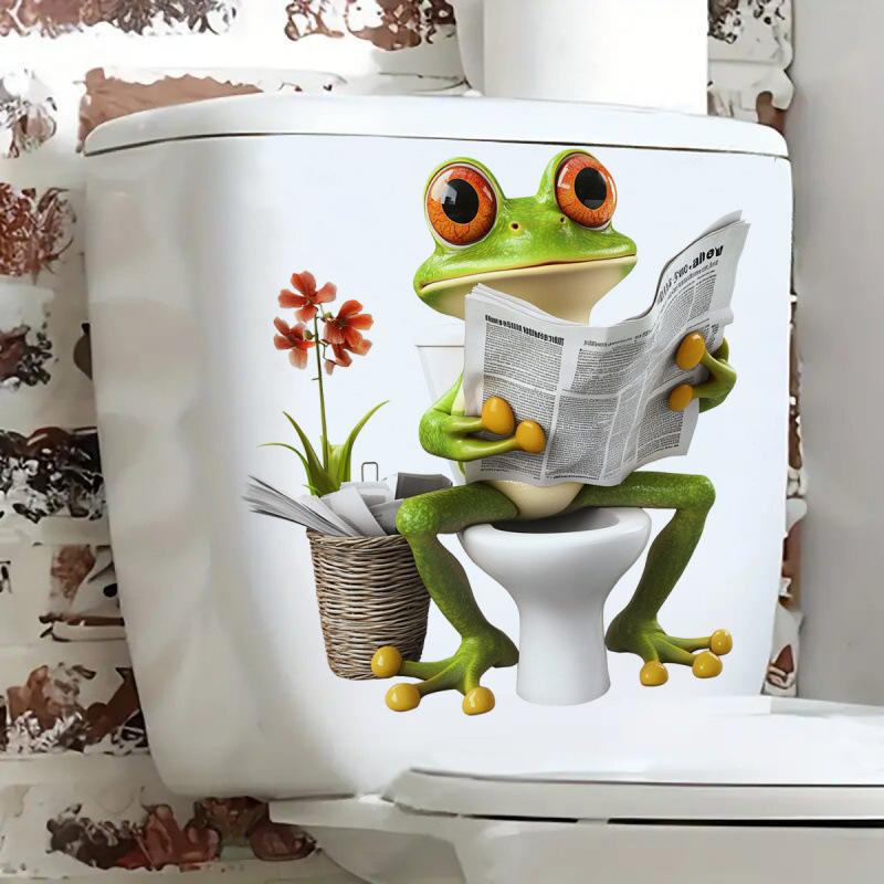 Tecknad groda badrumsklistermärke Realistisk groda på blommor med tidning Toalettdekal Söt djurväggklistermärke för badrumsdekor