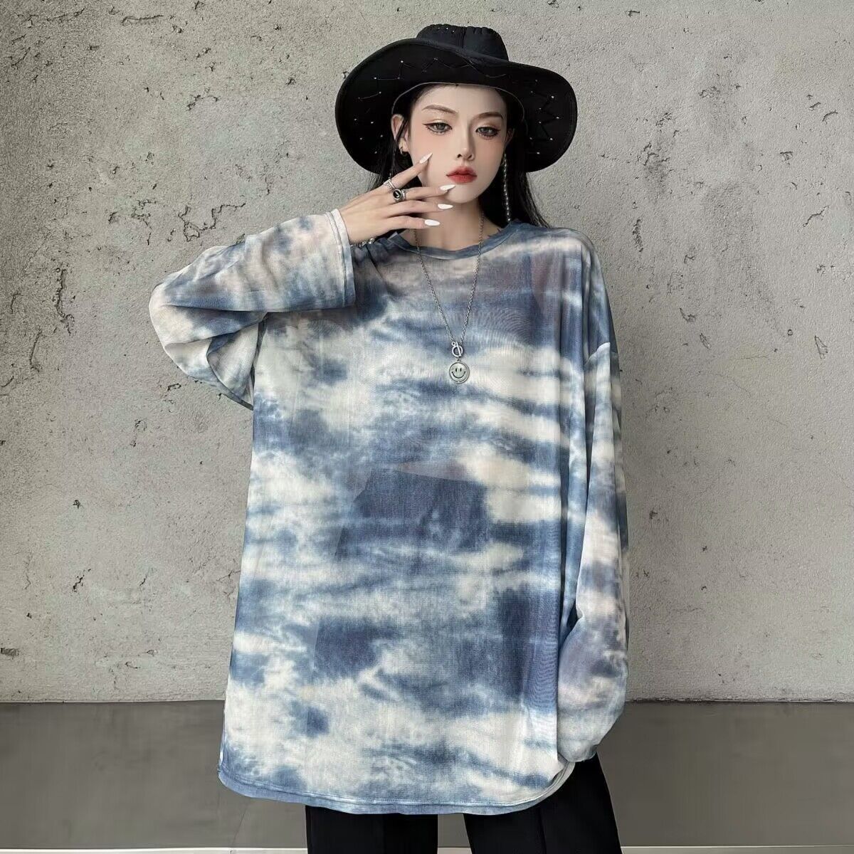 

Большие размеры Женские футболки с длинным рукавом Солнцезащитные топы Свободные повседневные летние сетчатые футболки с принтом тай-дай Женская одежда больших размеров XXXXL синий