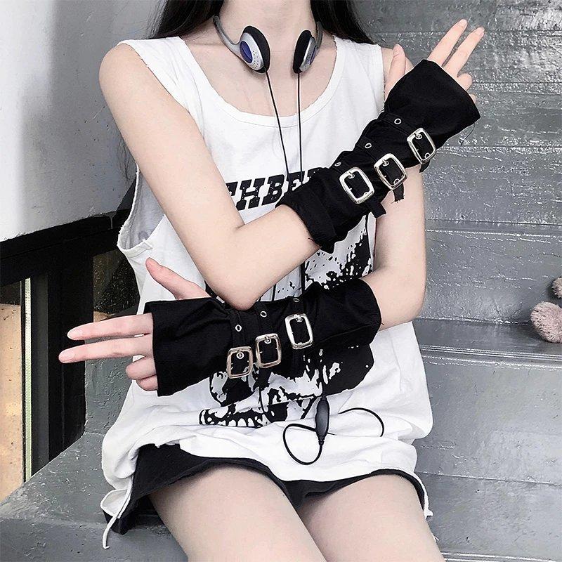Fashion Personality Buckle Straps Punk Style Women Spandex Fingerless Gloves Lolita Cosplay Stage Performances Street Dance