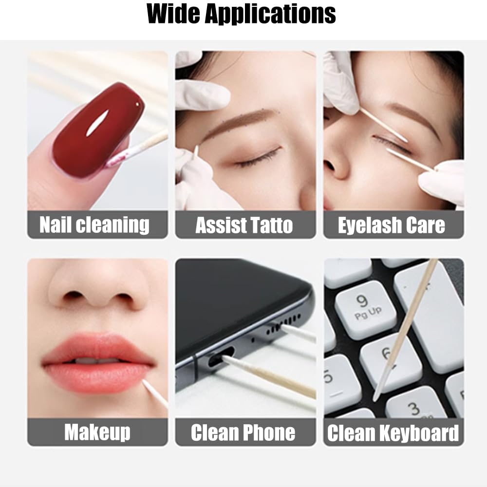 100Pcs 7cm/2.75inch Long Double Pointed Tip Cotton Swabs with Wooden Sticks Cleaning Swabs Buds Cosmetic Tipped Applicator for Makeup Eyebrow Tattoo