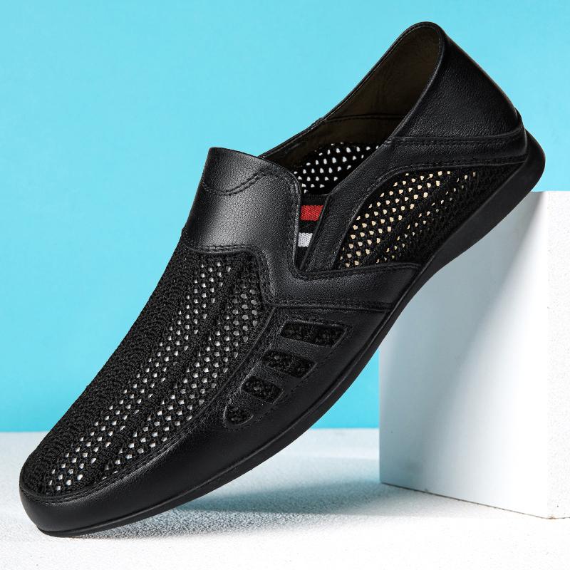 Fashion Fashion Summer Mesh Breathable Men Classic Shoes Slip on Loafers Leather Man Casual Flat Summer Driving Shoes Walking Moccasins