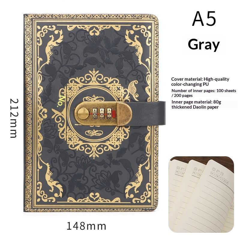 A5 Retro Digital Password Notebook Journal With Lock Diary Pu Leather Privacy Notebook Sub-Password Lock Notebook Supplies серый