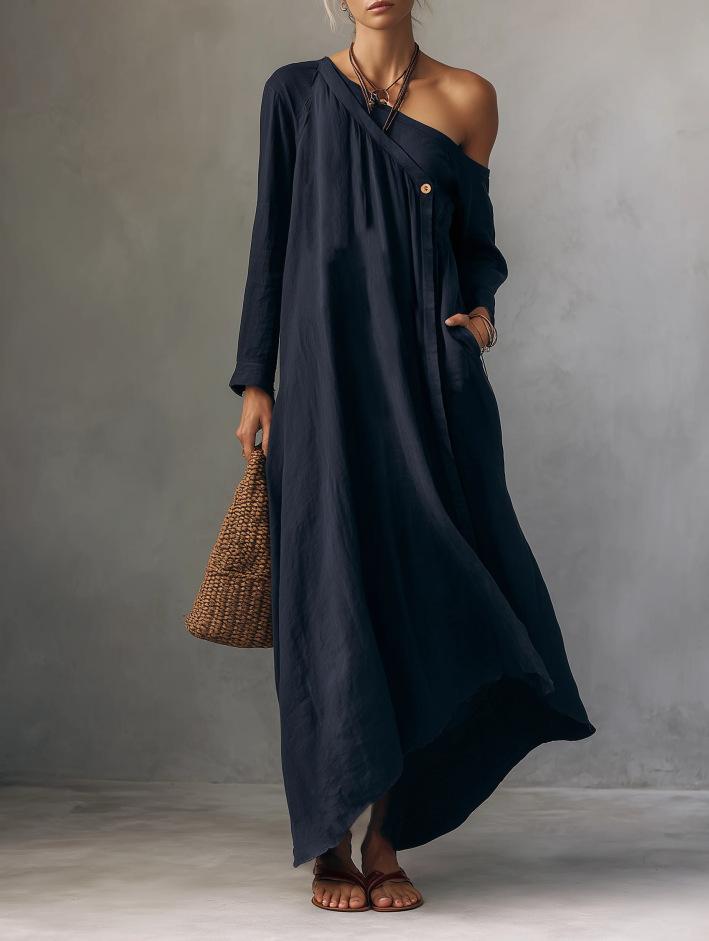 2026 autumn and winter new retro fashion single shoulder diagonal collar loose women s dress S тёмно-синий