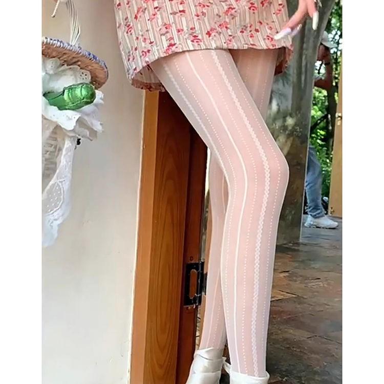 French Ballet Milk White Pure Jacquard Striped Stockings Spring And Autumn Thin Transparent Lace Jk Bottoming Pantyhose