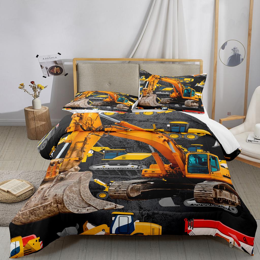 Excavator King Queen Duvet Cover Cartoon Construction Truck Bedding Set for Kids Boys Adults Tractor Polyester Quilt Cover
