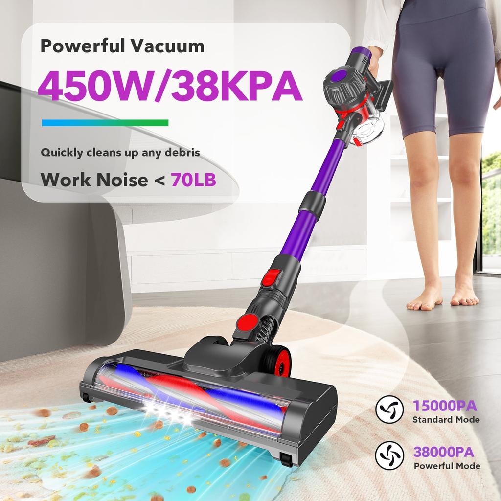 Cordless Vacuum Cleaner, 38000PA/450W 50min 2500mah for Home Pet Hair Carpet Wood Floor