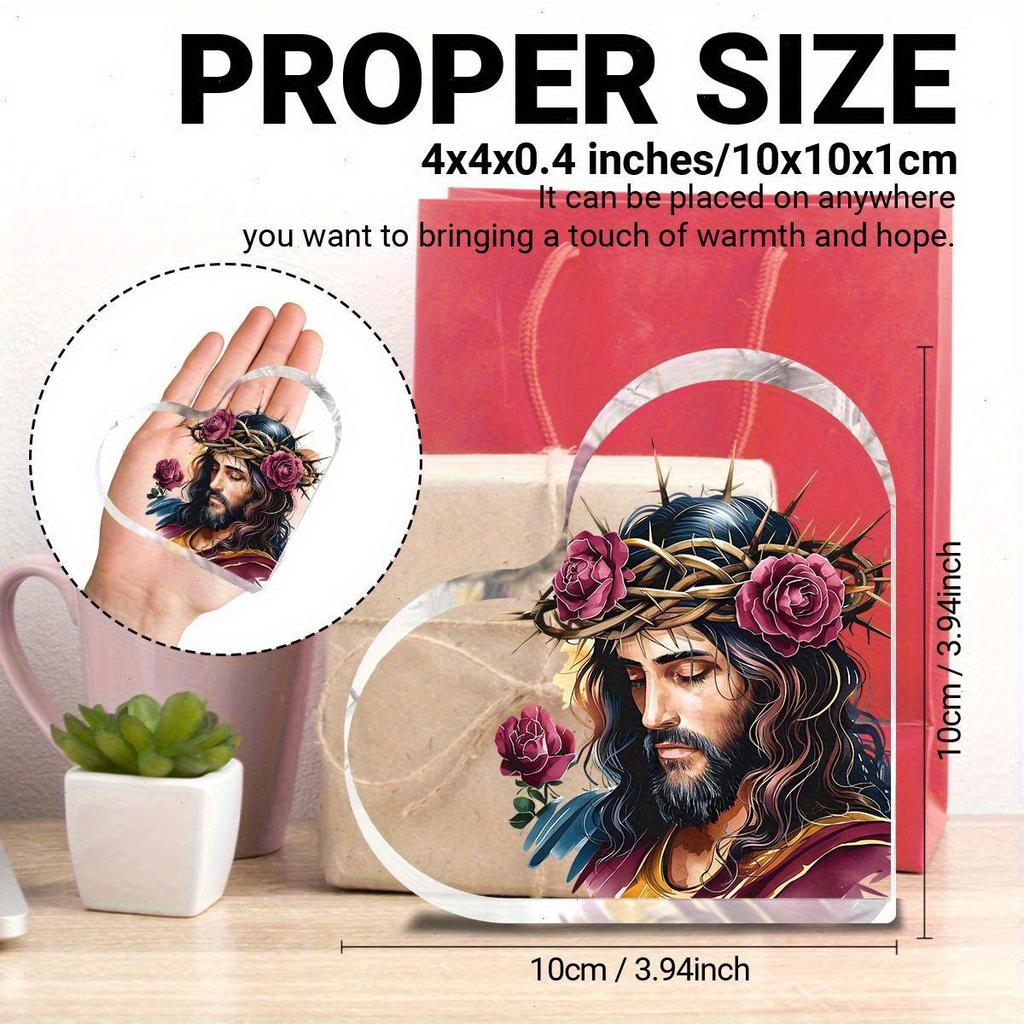 1pc Heart-Shaped Acrylic Easter Ornament - Art Deco Jesus Design with Thorny Crown & Floral Accents, Inspirational Christian Desk Decor for Home