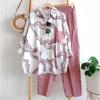 Conjunto de Dos Piezas a Rayas para Mujer Camisa Blusa de Manga Larga con Solapa y Botones y Pantalón Traje Deportivo Casual de Verano