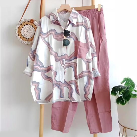 Conjunto de Dos Piezas a Rayas para Mujer Camisa Blusa de Manga Larga con Solapa y Botones y Pantalón Traje Deportivo Casual de Verano