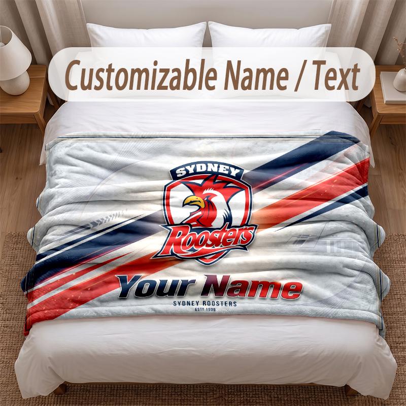 Sydney Roosters Printed Flannel Blanket Custom Name Text Soft Warm Throw For Bedroom Holiday Gift