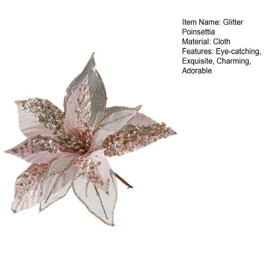 11" Christmas Artificial Flowers Glitter Sequins Poinsettia Flower Fabric Fake Flower Picks for Xmas Tree Ornament Wedding Birthday Wreath Decoration