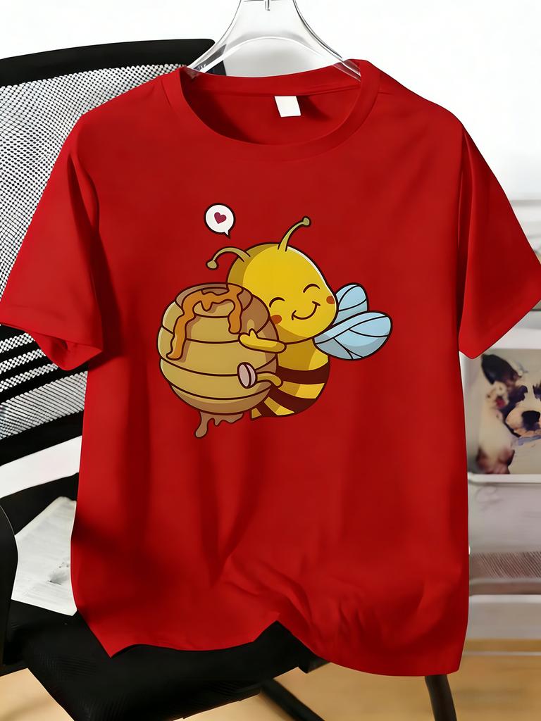 Unisexs Tee Cute Bee And Honey Jar Cartoon Print Cotton Short Sleeve Male Casual Streetwear Outdoor Daily Basic Fashion Top