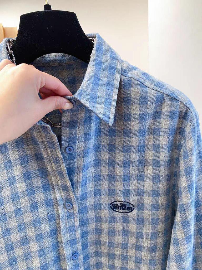 Women's Blue-Gray Plaid Embroidered Lapel Shirt - Korean Style, Relaxed Fit, Soft Brushed, Long Sleeve Layering