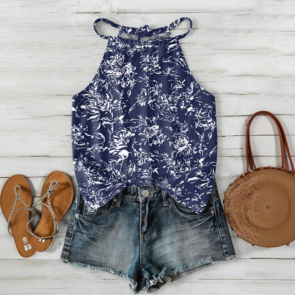 Women Sleeveless Bohemian Floral Print Tank Top Loose Fit Neck Blouse Casual Summer Lightweight Camisole Shirt