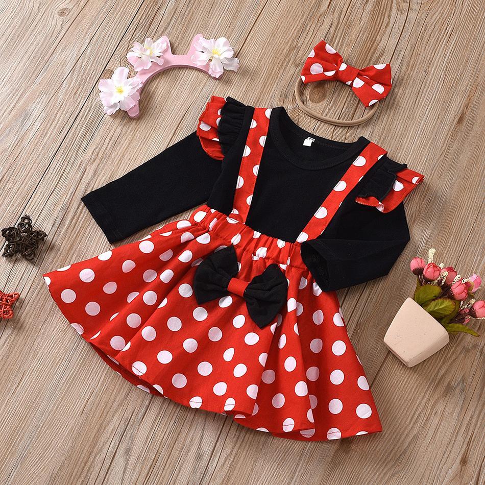 Girl Dress with Headband Baby Clothing Set Kid Dots Cosplay Tops and Skirt Children Black Red Outfit Minnie Bowknot Costume