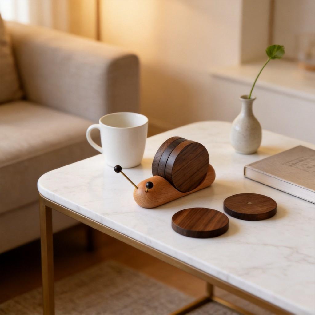 Set di sottobicchieri in legno minimalista moderno con design a lumaca magnetica per decorazione domestica e protezione dal calore