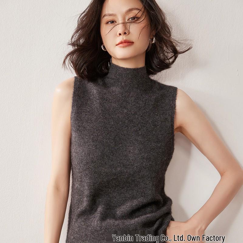 Autumn Women's Sleeveless High Neck Slim Fit Cashmere Knit Top