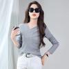 Long-sleeved T-shirt Women in Spring and Autumn New Slim Fit Versatile Button Solid Color V-neck Fashionable Base Shirt Top
