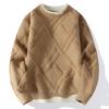 Men's Argyle Pattern Faux Two Piece Crew Neck Sweater Solid Color Textured Knit Pullover Casual Winter Top