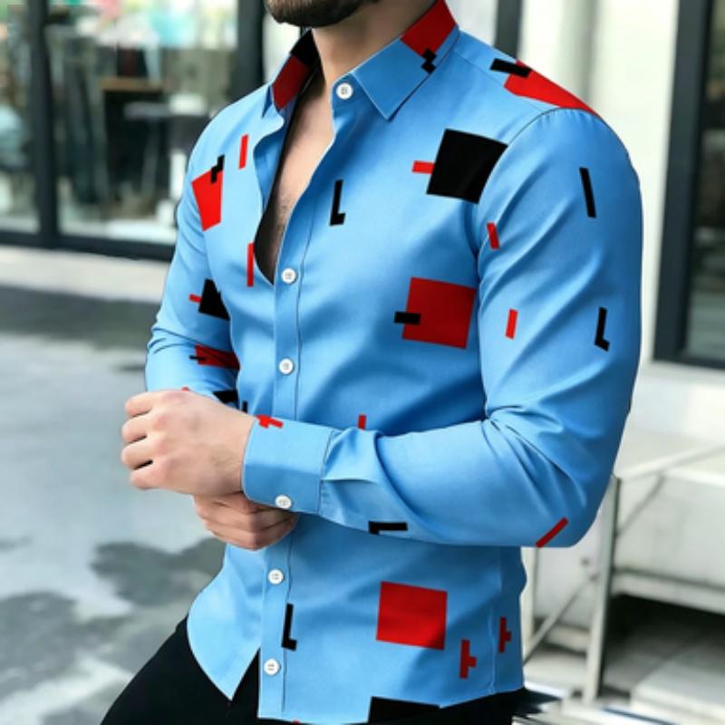 Men's short sleeved shirt, European and American men's geometric square long sleeved shirt, lapel contrasting color block printe