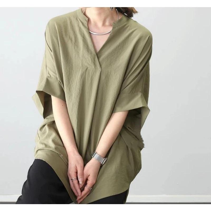 Women Light Beige Cotton Notch Neck Batwing Sleeve Longline Blouse