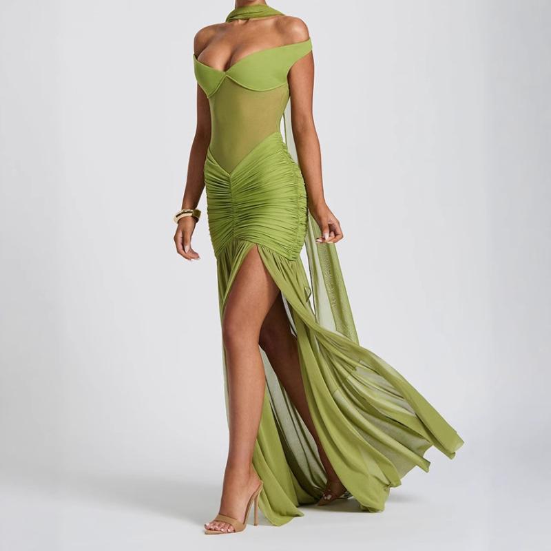 European and American summer sexy V-neck see through backless temperament slit dress