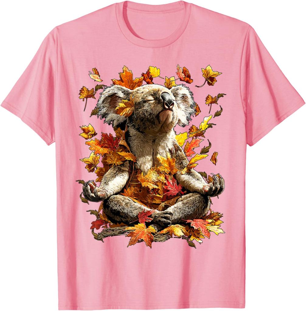 Meditating Koala Autumn Leaves Graphic Tee Men Women Casual Soft Cotton T-Shirt