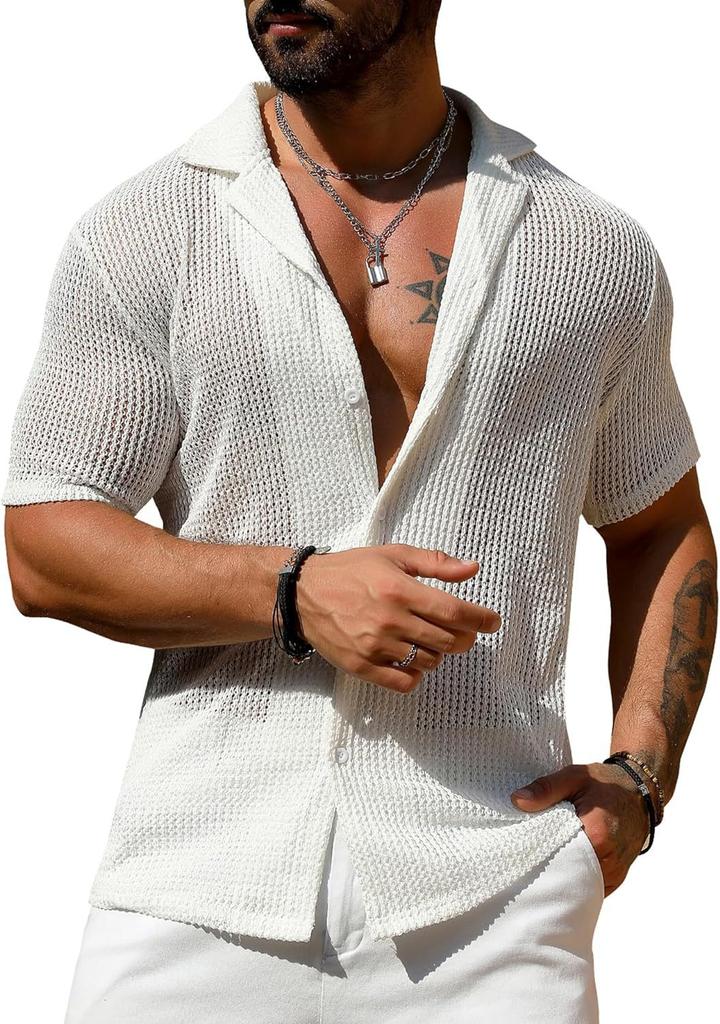 European And American Men'S Summer Cool Shirt Men'S Casual Knitted Sweater Hollow Breathable Short Sleeve Lapel Fashion Men'S Clothing