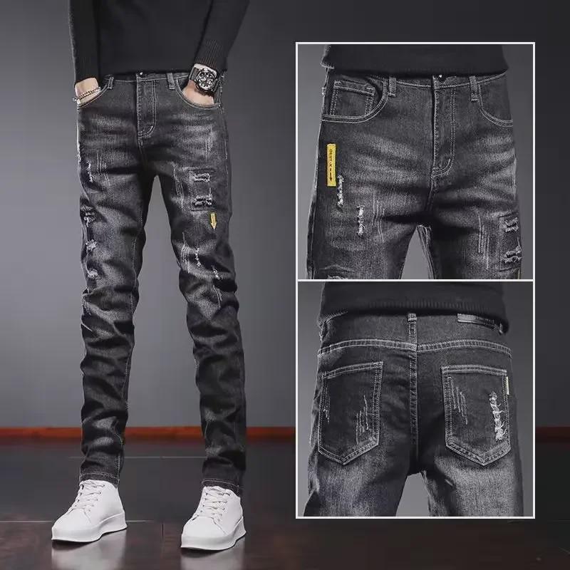 Pánské černé slim-fit roztrhané džíny - Trendy korejský styl pro jaro a podzim