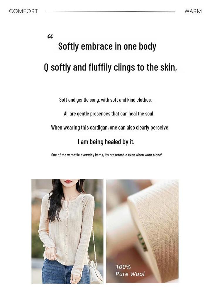 100% Pure Wool Ribbed Knit Cardigan, Round Neck, Long Sleeve, Solid Color, Loose Fit, Warm Outerwear for Autumn & Winter