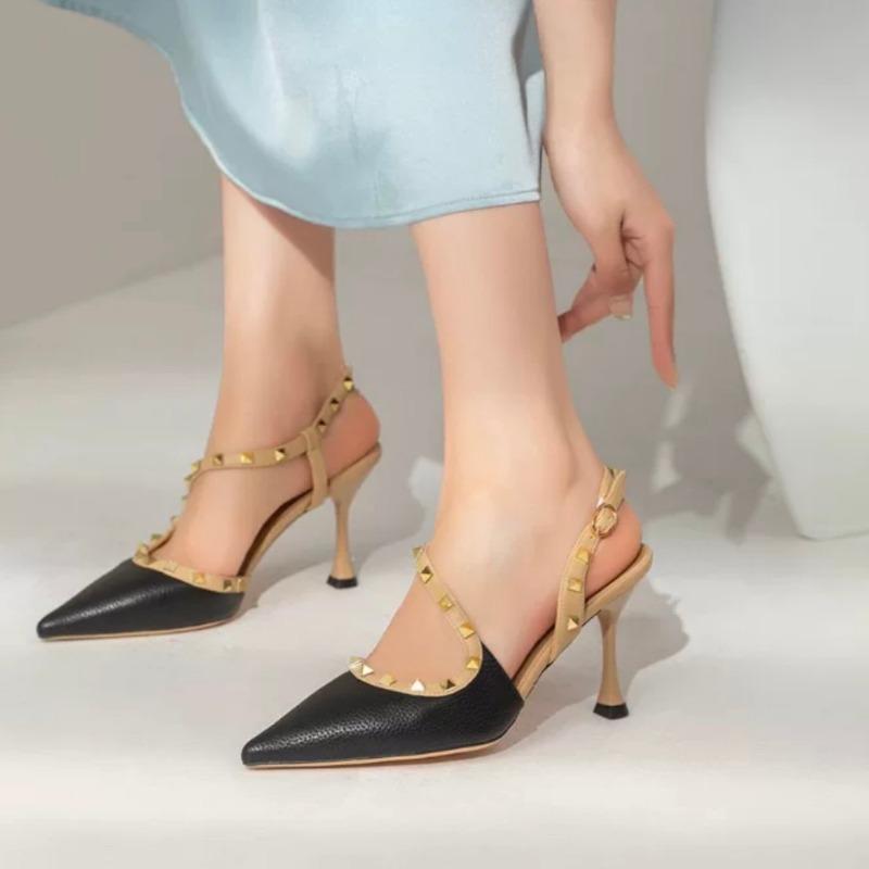 Mode Damen Baotou Sandalen Sommer Neu Spitzschuh Flacher Ausschnitt Nieten A-Linie mit Rutschfesten Abriebfesten Stilettoabsätzen