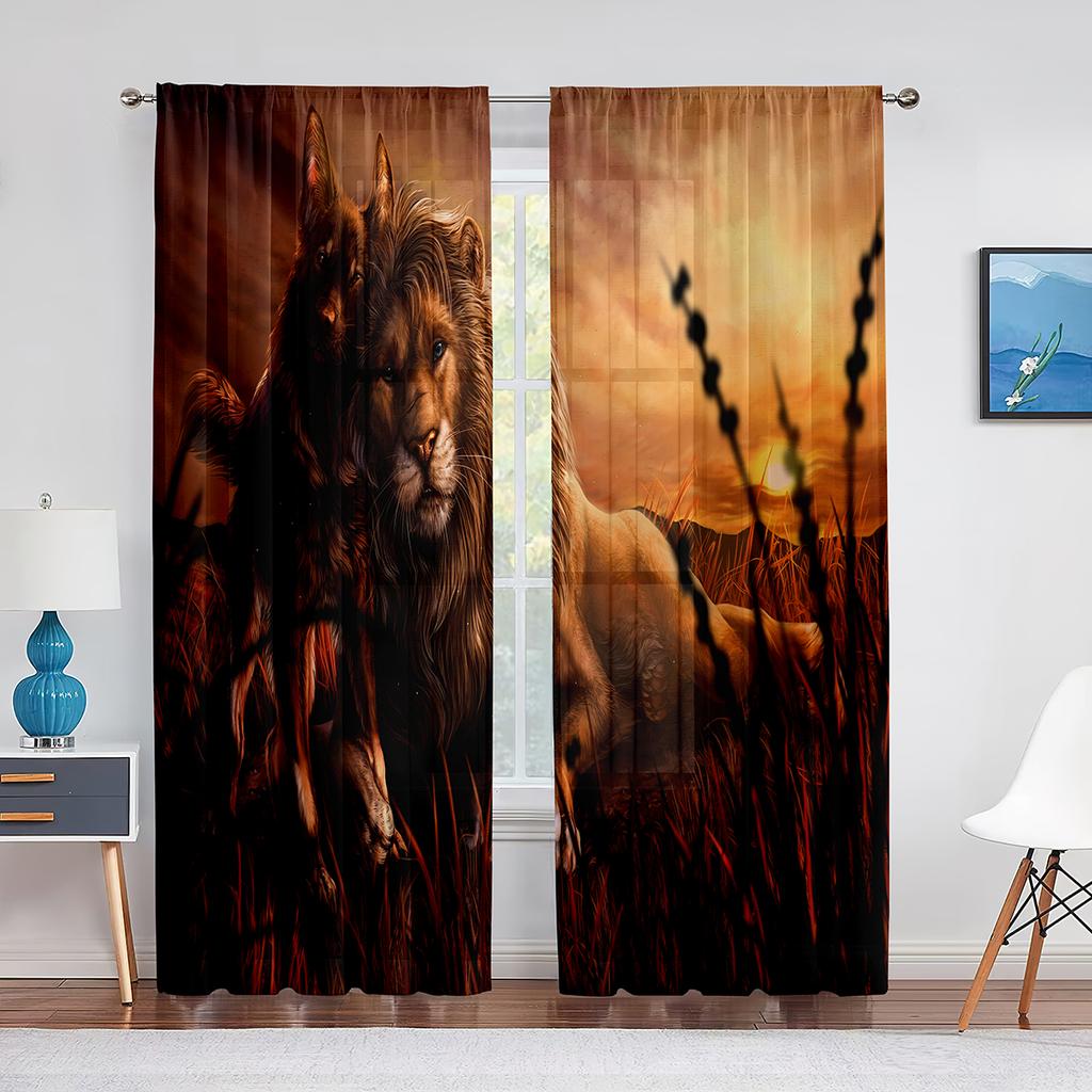 African Wild Animal Lion Couple Tulle Curtain for Home Living Room Window Decoration Bedroom Kitchen Modern Sheer Voile Curtains
