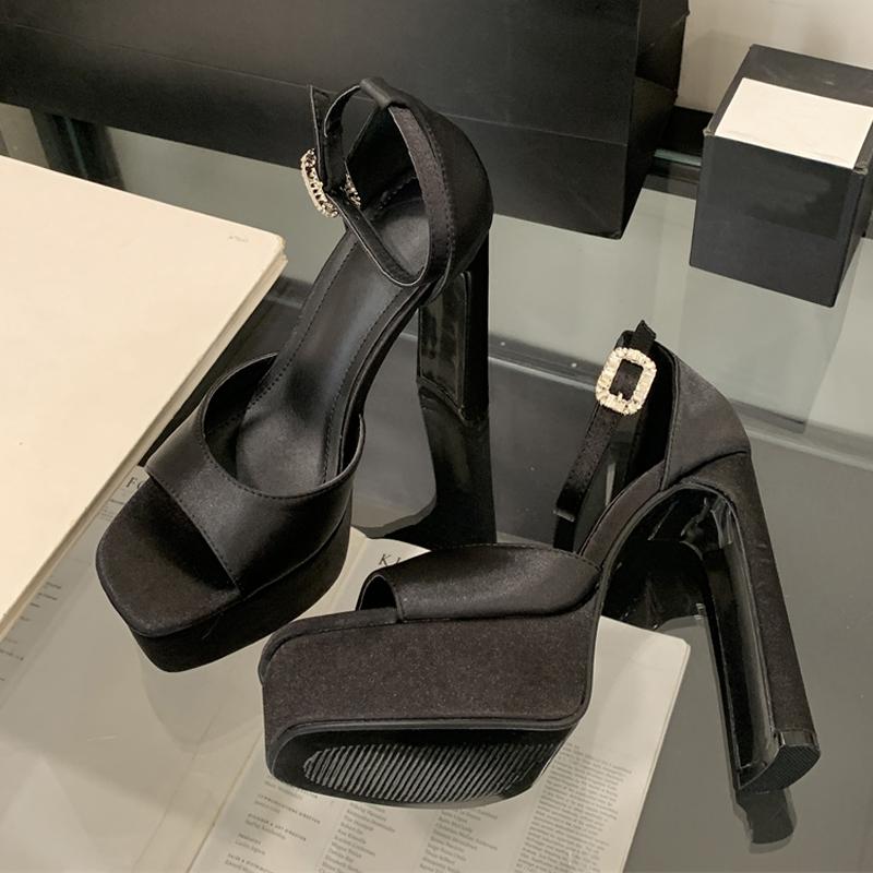 Fashion Liyke Runway Style Black High Heels Platform Sandals For Women Cozy Silk Square Toe Buckle Strap Lady Party Dress Shoes Size 40