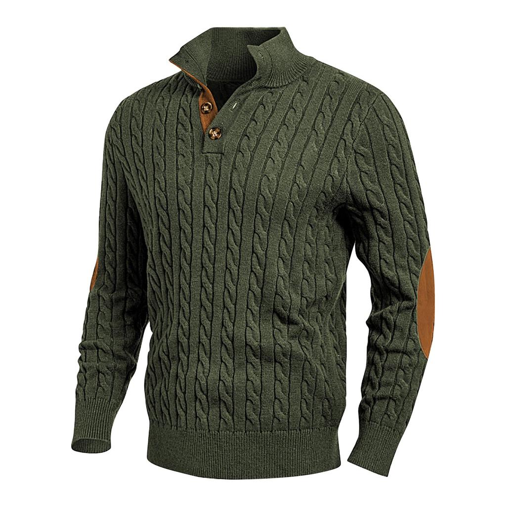 Men's Casual Sports Knit Sweater Slim Fit Button High Collar Patchwork Sweater