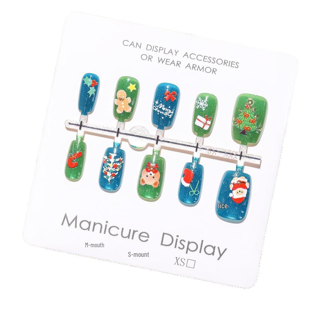 Green Christmas 3D Nail Art Stickers: Little Bear, Gingerbread Man, Santa Claus, Bell, Cat Eye Designs
