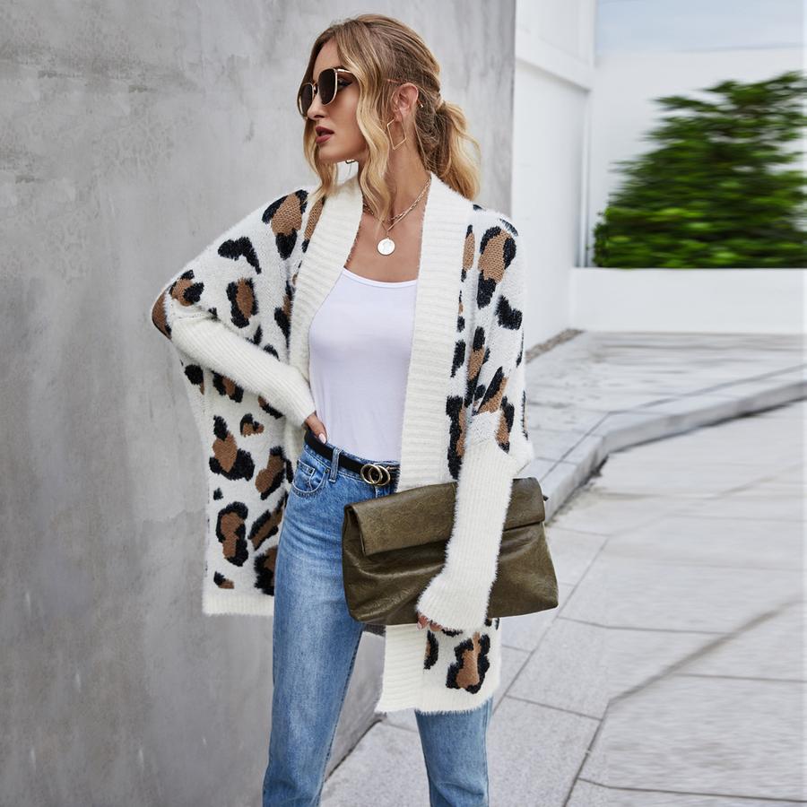 New Spring Women's Oversized Knit Cardigan Coat Leopard Print Sweater