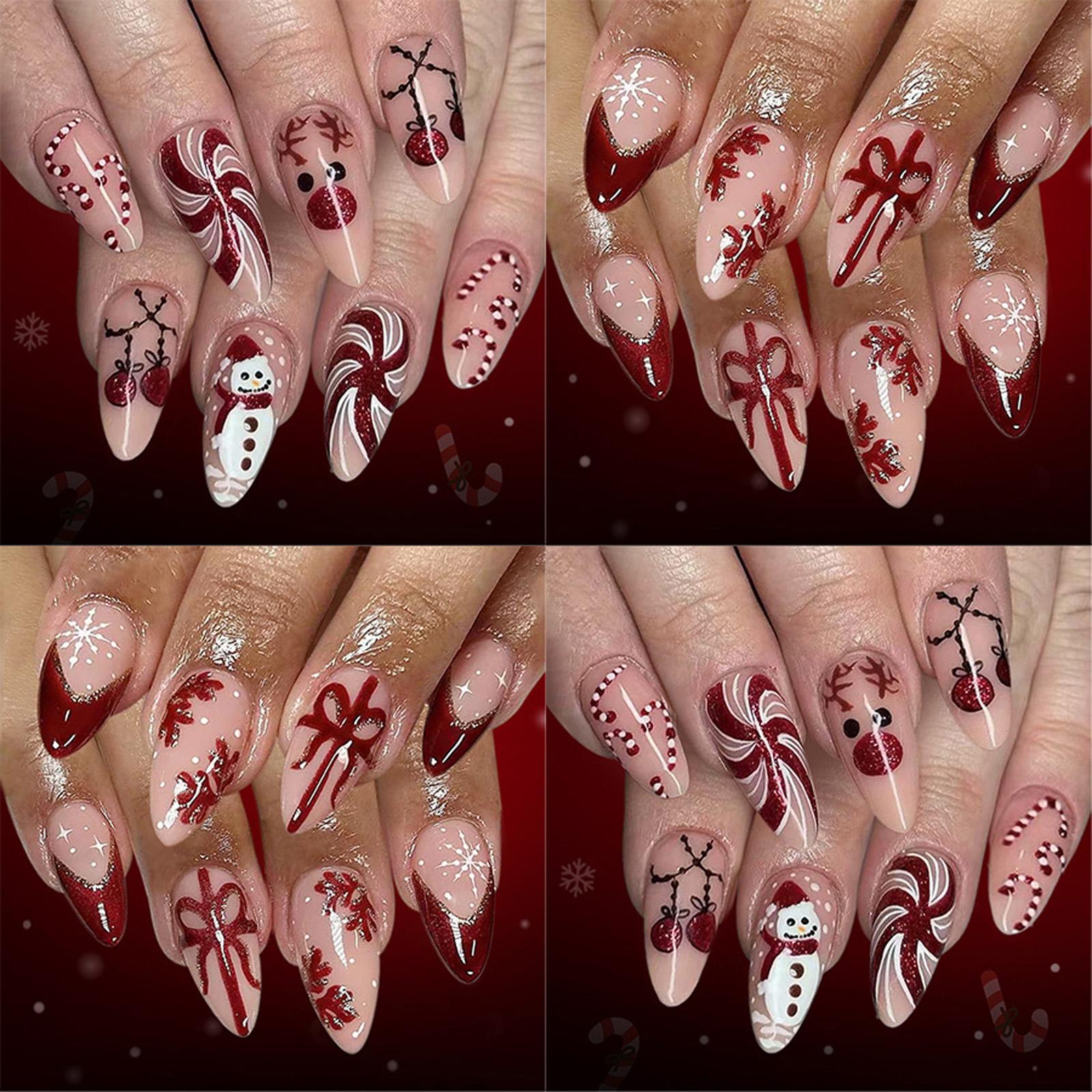 Christmas Themed Press On Nail 48PCS Glossy Teardrop Fake Nail Snowman Reindeer Design Teardrop Shape for Women 1