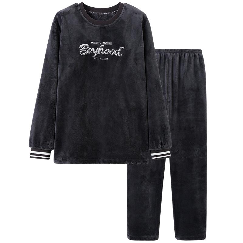 Flannel Pajamas Men'S Autumn And Winter Pullover To Keep Warm Winter Fleece Thickened Coral Fleece Men'S Loungewear Set