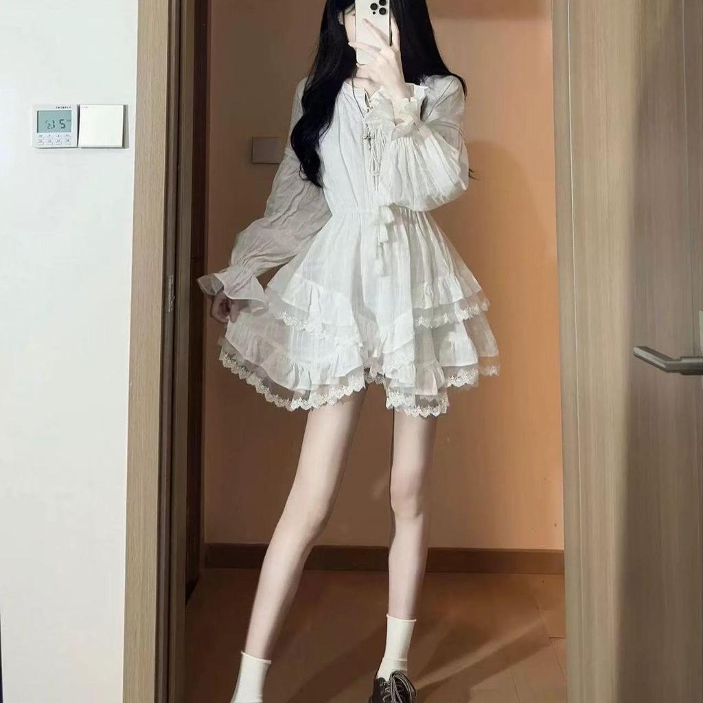 Elegant White Slimming Long-Sleeve Dress with Puffy Skirt for Women, Perfect for Spring and Autumn