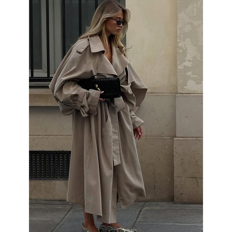 Women Casual Lace Up Long Trench Coat Chic Solid Color Full Sleeve Lapel Windbreaker New Fashion Loose Commute Jackets