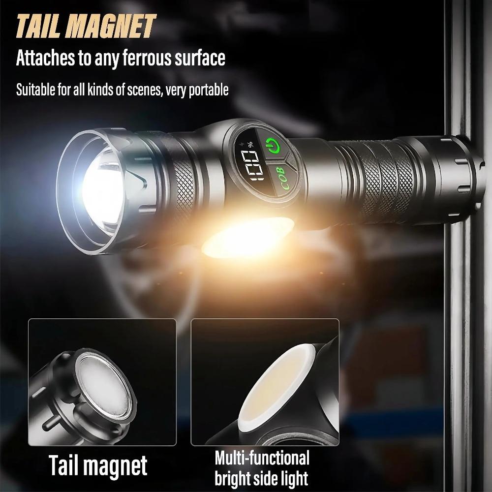 Rechargeable Magnetic Super Bright Flashlight with COB Side Light Long Range Zoom 16Hrs Runtime Waterproof for Camping