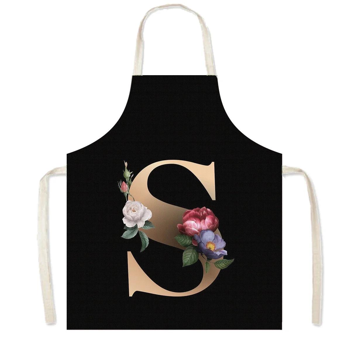 

26 Initials Flower Print Kitchen Apron A-Z Letter Women Cooking Aprons BBQ Chef Waiter Home Baking Cleaning Tool Pinafore 45cmX56cm Child