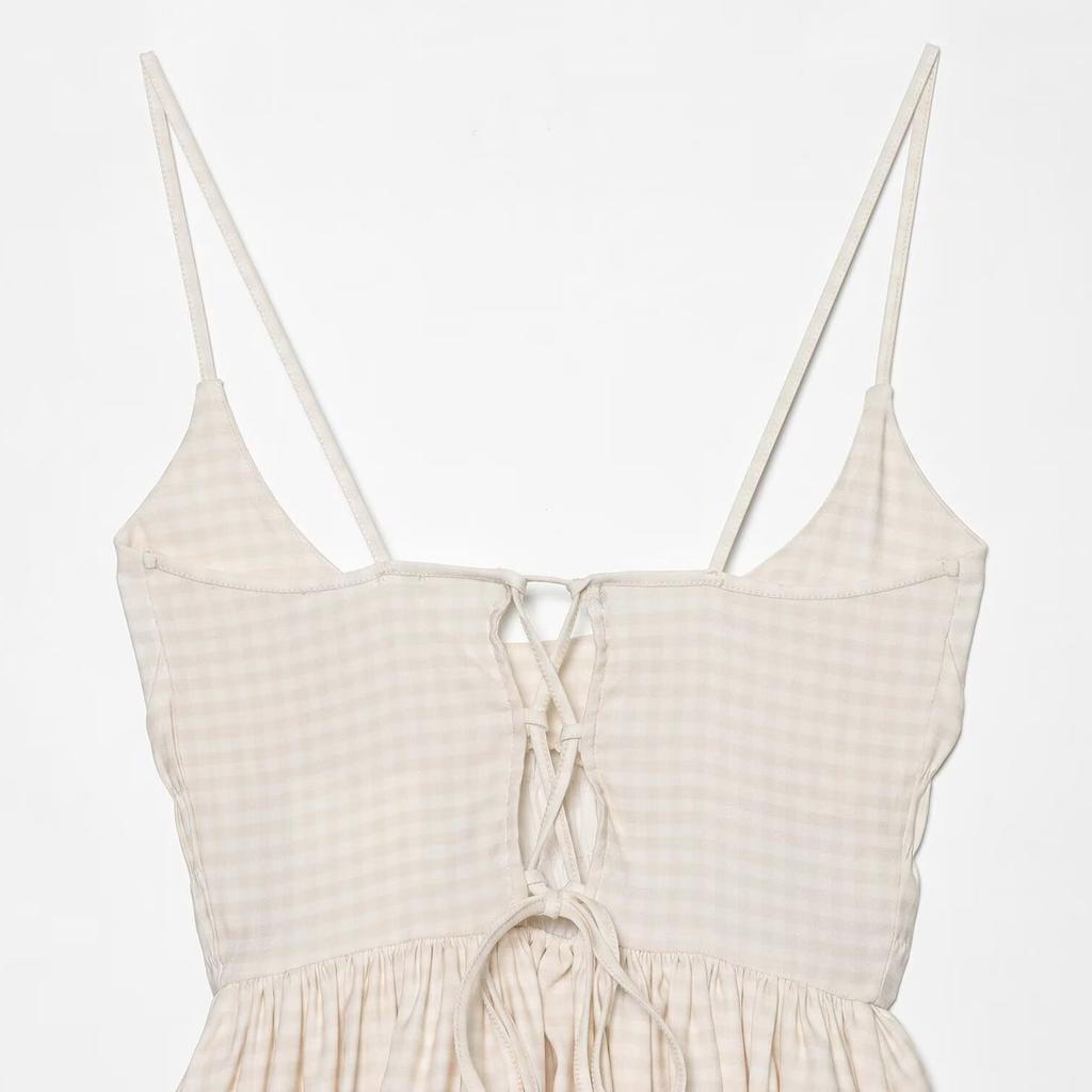 Summer French European and American women's clothing new small plaid mini balloon slimming suspender dress