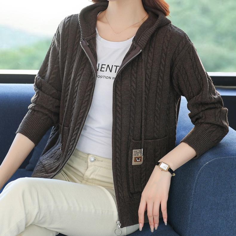 Hooded Knitted Jacket for Women Versatile for Autumn and Winter Loose Solid Color Sweater Jacket Autumn and Winter Sweater Cardigan for Women